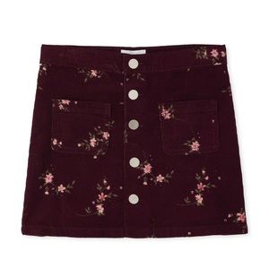 Girls Floral Button Corduroy Skirt - Deep Wine